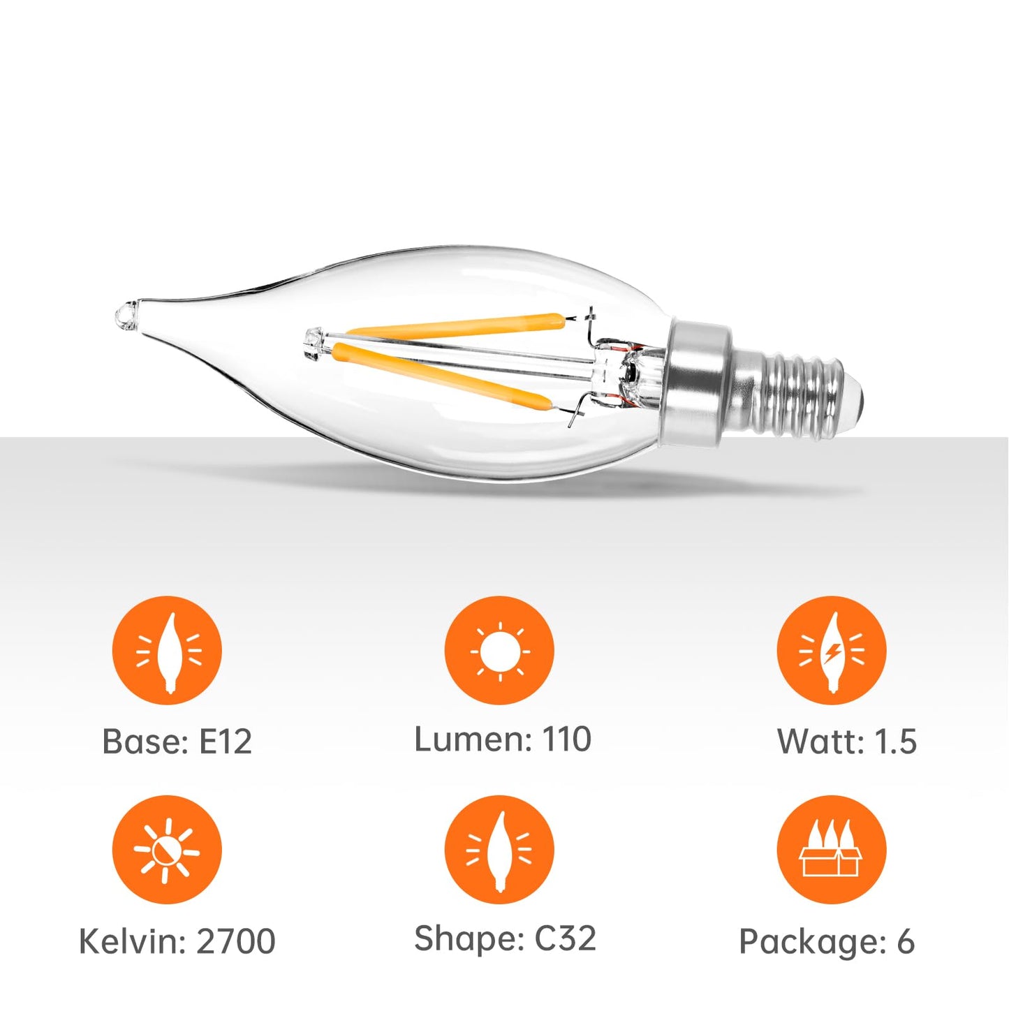 DGE 6x1.5 Watt LED Warm White Ceiling Fan Light Bulbs 20W Equivalent C32 Chandelier Light Bulbs Bright and Lasting 110 Lumen Bent Tip Light Bulb