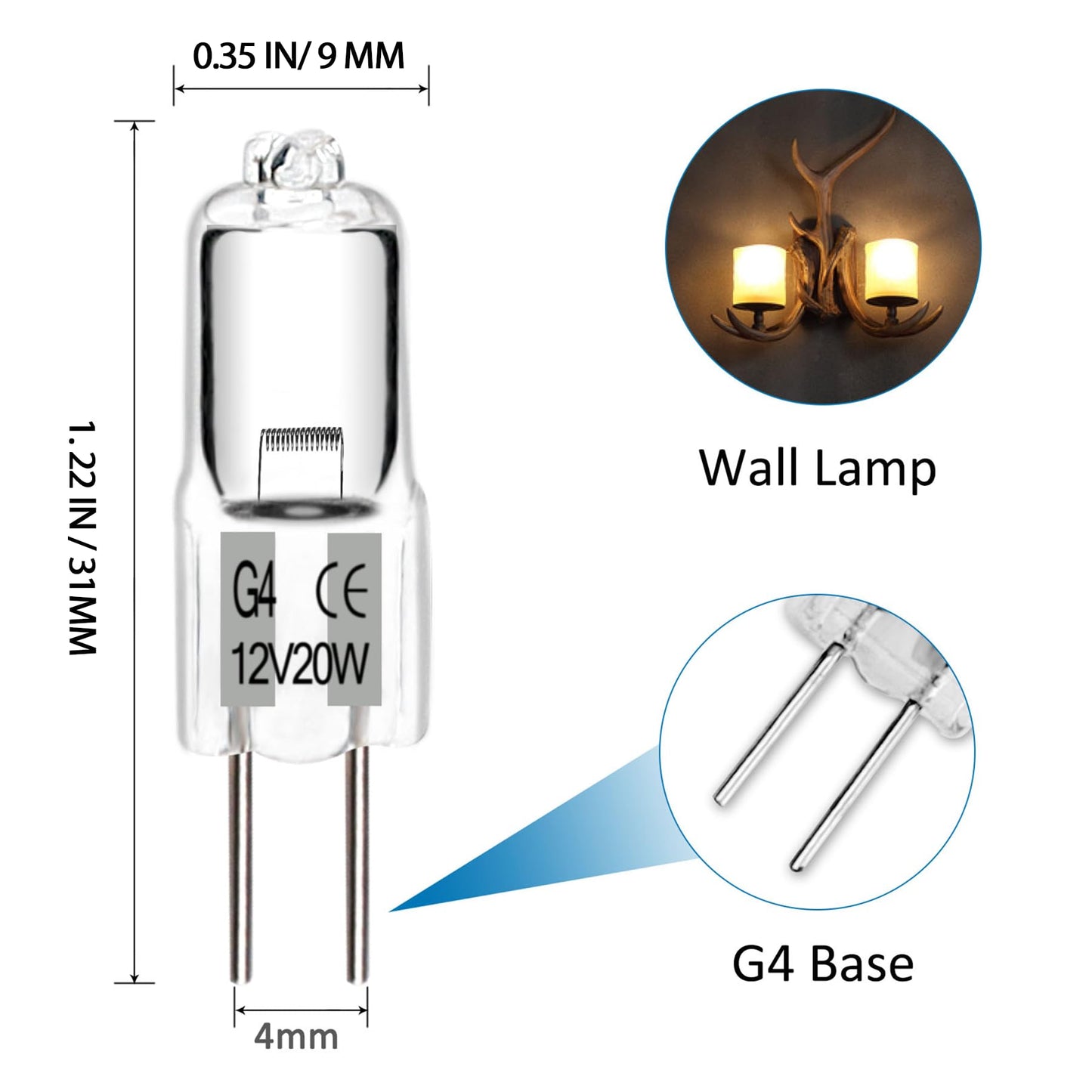 SCNNC JC Halogen Bulb 12V 20W G4 Bulb T3 Bi-Pin Bulb