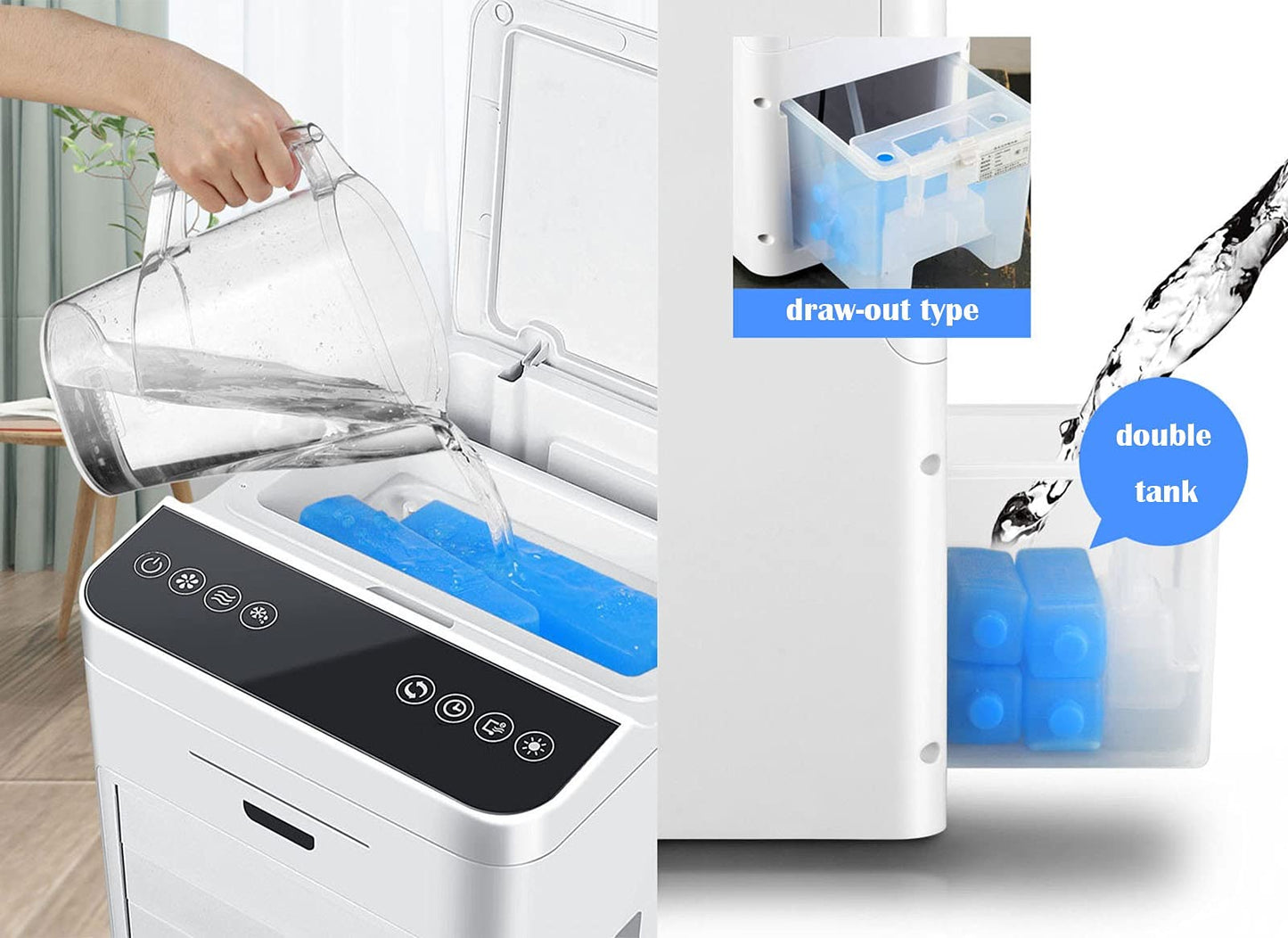 Warm and Cold Tower Fan with 7L Capacity Water Tank Include Ice Crystal Boxes Oscillating with Remote Control and Touch Control 3 Speed Setting