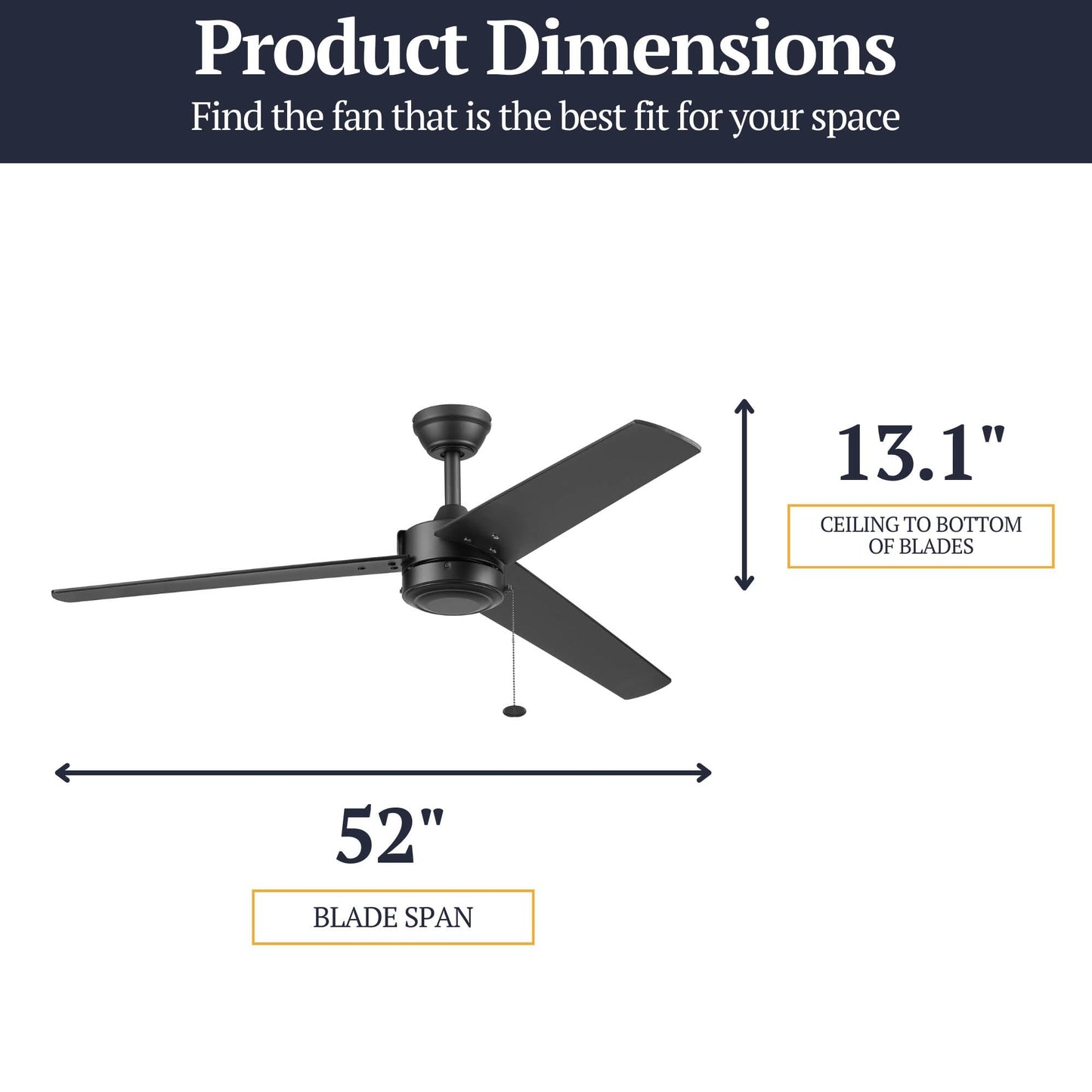 Prominence Home Tenant, 52 Inch Contemporary Indoor Outdoor LED Ceiling Fan, No Light, Pull Chain, Dual Mounting Options, 3 Dual Finish Blades