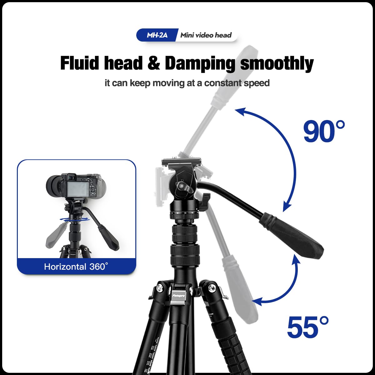 Fotopro Video Fluid Head Pan Tilt Head with Quick Release Plate and Adjustable Handle Max Load 6.61lbs 3kg for Compact Camcorders DSLR Camera Black