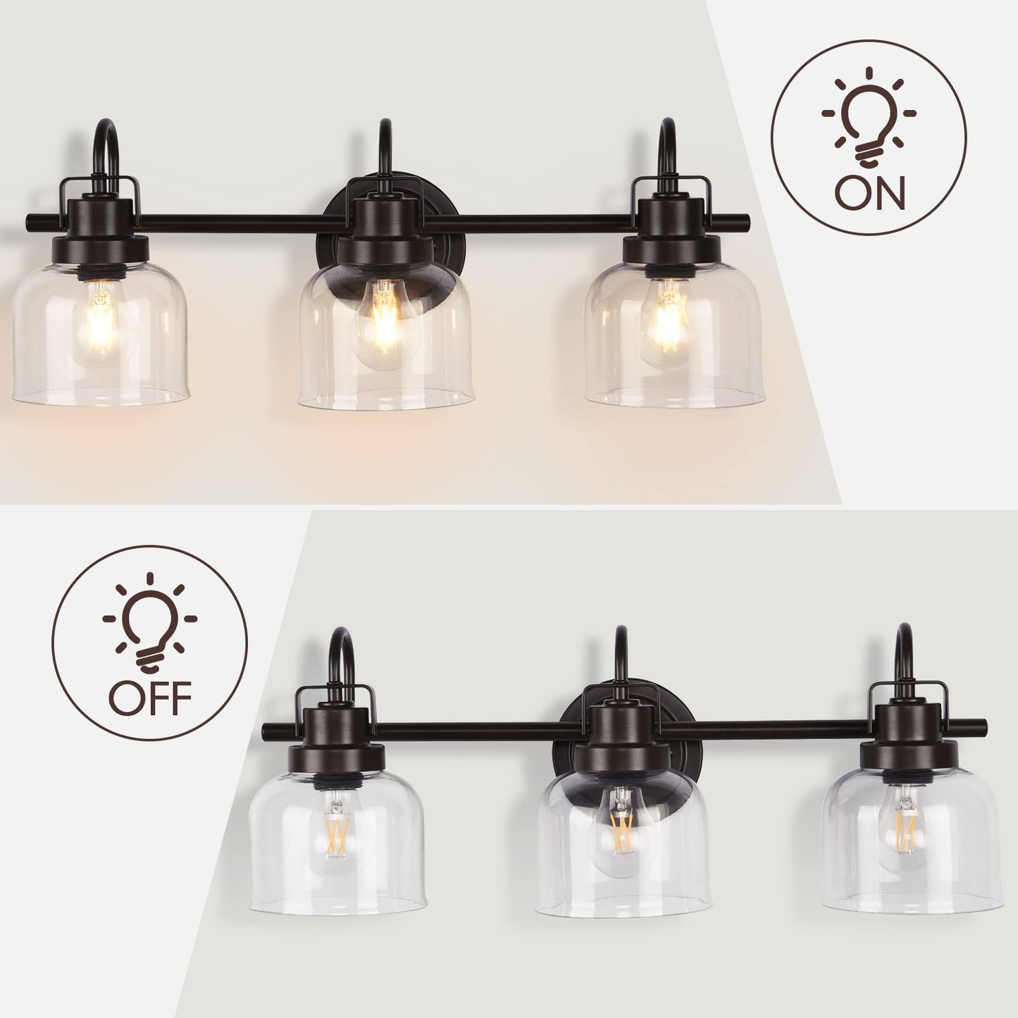 Bronze Bathroom Vanity Lights, 3-Light Vanity Light Fixtures for Bathroom, Oil Rubbed Bronze Vanity Light with Clear Glass Shade, Wall Sconces