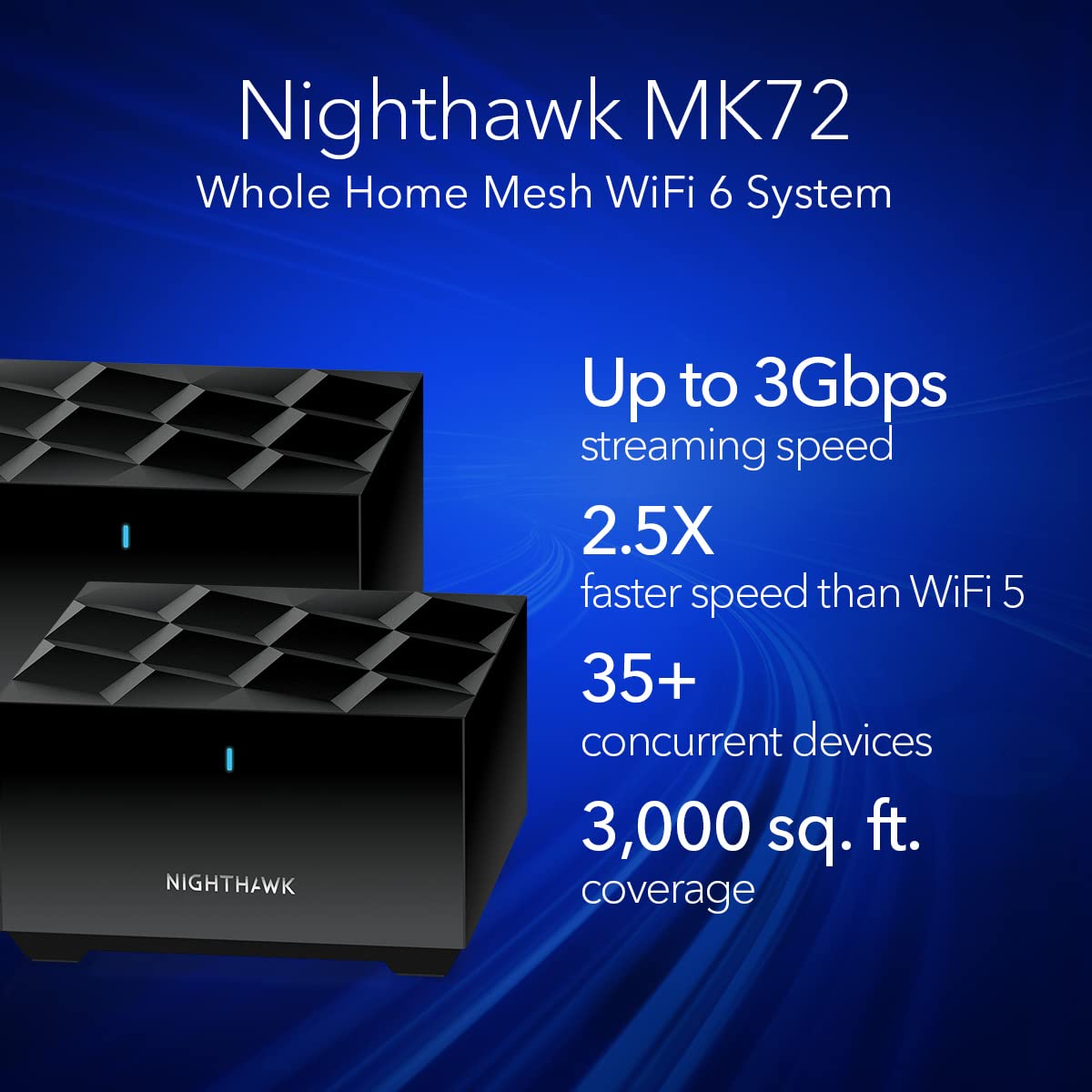 NETGEAR Nighthawk Advanced Whole Home Mesh Dual Band WiFi 6 System (MK72)- AX3000 Router with 1 Satellite Extender, Coverage up to 3,000 sq. ft
