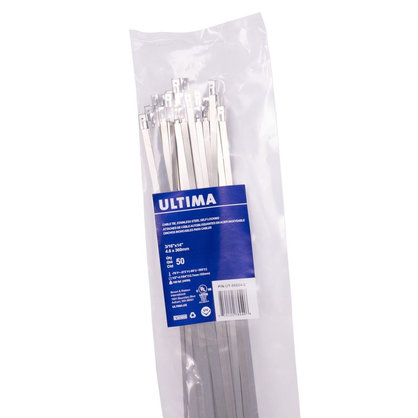 Ultima UT-56824-2 Stainless Steel Self Locking Cable Ties, Multi-Purpose Organizer for Bundling and Securing Cables Cords or Wires, 3/16" x 14", 50