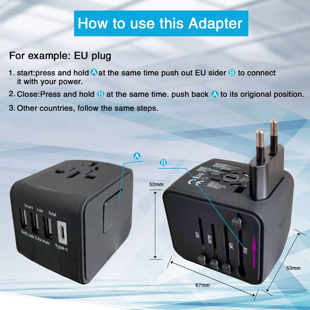 Universal Travel Adapter,All in One Universal Power Adapter for 150 Countries 4usb+Type C (Black)