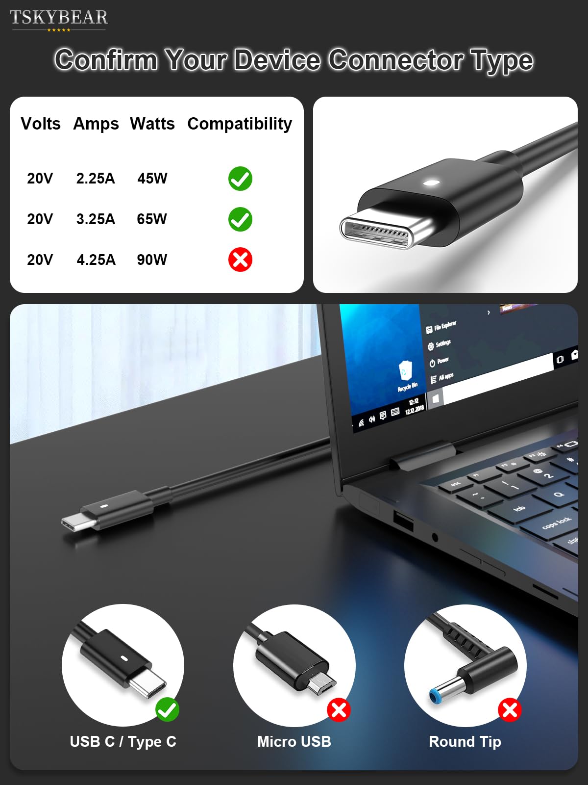 TSKYBEAR 65W USB-C Laptop Charger Compatible with Dell Latitude 5420 5430 5520 5540 5400 7420 7430 7320 7410 7440 5530 5410, XPS 13 9360 9370 9380