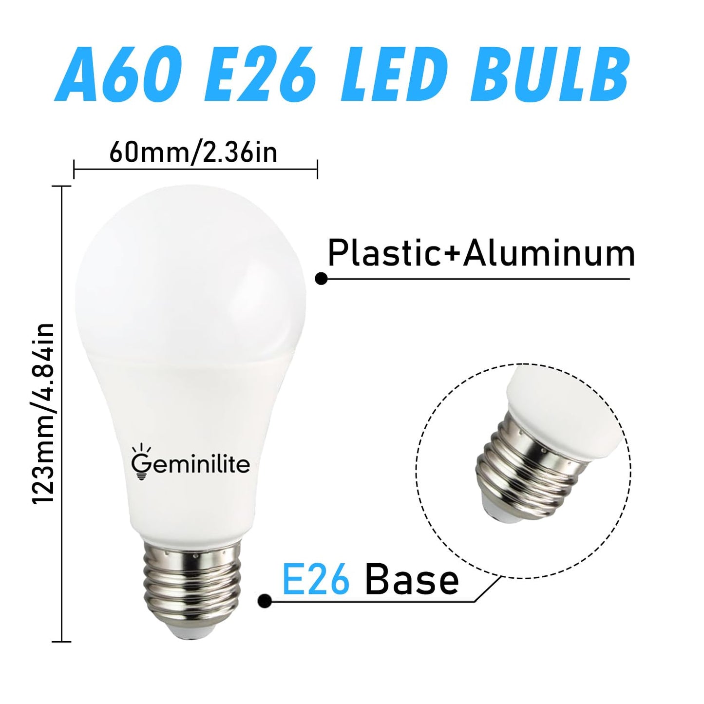 Geminilite A19 LED Bulbs 100W Equivalent 15W 6500K Daylight 6 Pack