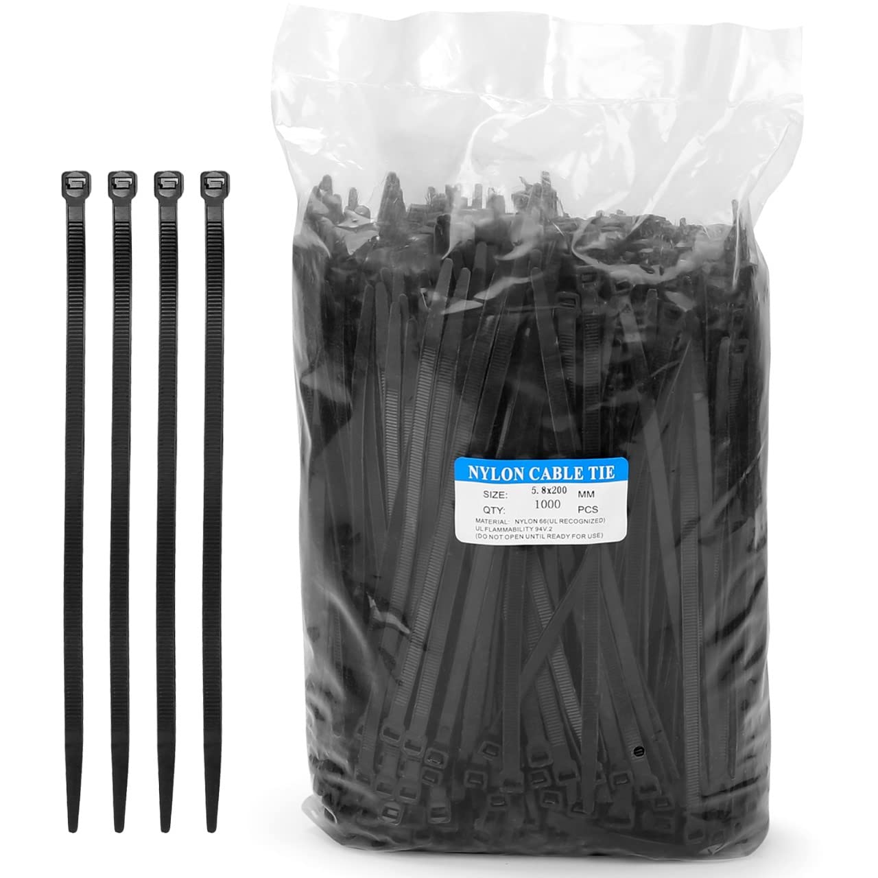 8 Inch Heavy Duty Black Zip Ties 75 lbs, 1000 Pack Cable Ties UV Resistant Industrial Self Locking 8" Zipties Bulk Nylon Wire Tie Wraps Workshop