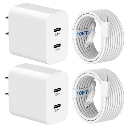 USB C Charger for i-Phone 16 Fast Charging 2-Pack 20W 2in1 Dual Port USB Charger Block with 10FT Long USB C to C Charging Cable for i-Phone 16/16