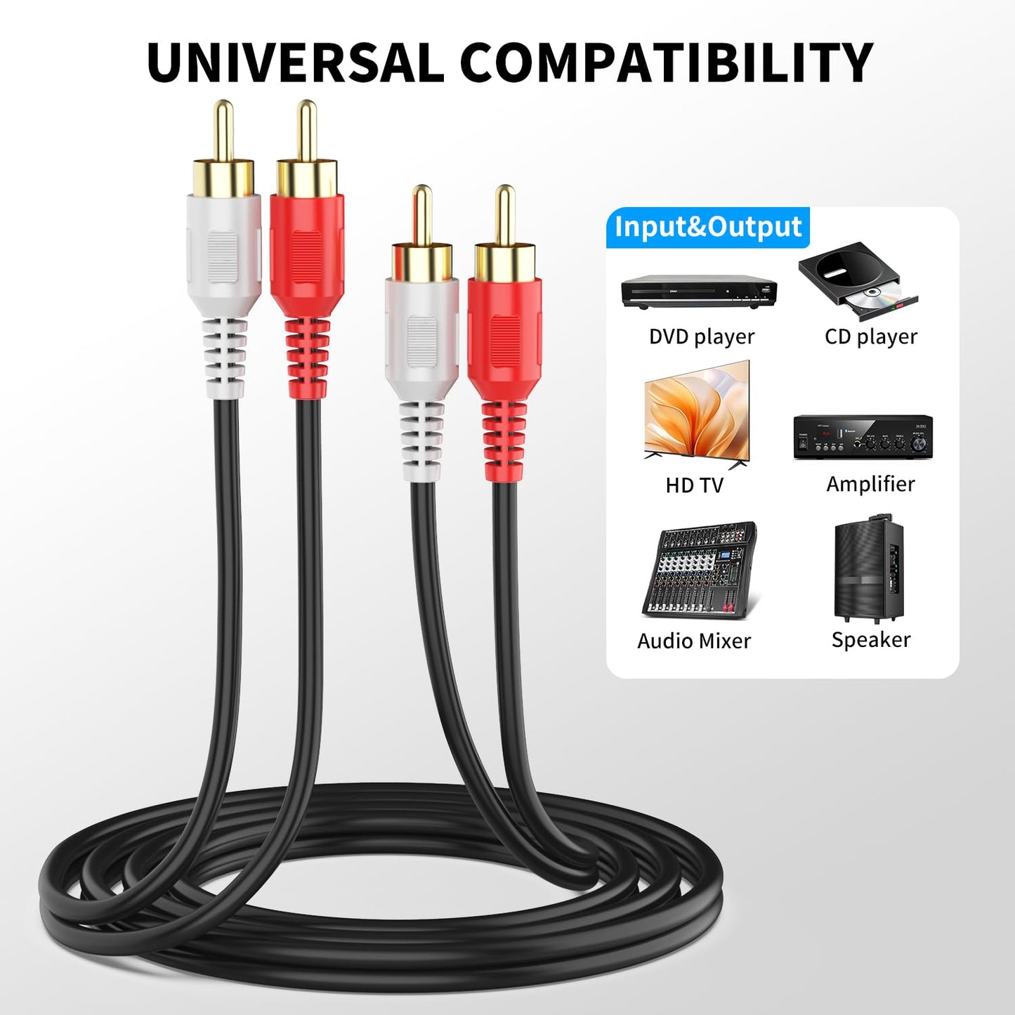 Abireiv RCA Cable 65ft,2RCA M/M Stereo Audio Cable [24K Gold Plated | Copper Core] 2RCA Male to 2RCA Male.For Home Theater, HDTV, Amplifiers, Hi-Fi