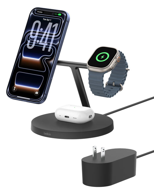 Belkin MagSafe-Compatible iPhone Charger, 3-in-1 Wireless Charging Station, Qi2-Certified 15W Wireless Charge for Apple iPhone 17 Series, Apple Watch