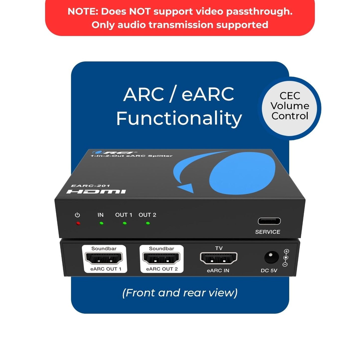 OREI eARC Audio Splitter 1 in 2 Out - HDMI ARC/eARC Audio Extractor & Splitter, Dolby Atmos, DTS:X, TrueHD, CEC Volume Control, Dual Soundbar Audio
