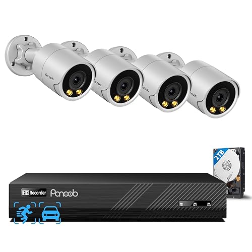PANOOB PoE Security Camera System, 4X 5MP Wired Home Bullet IP Cameras Built-in microphone, Human Vehicle Detection, Smart Color Night Vision, 8