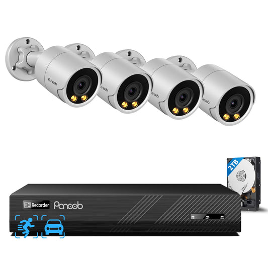 PANOOB PoE Security Camera System, 4X 5MP Wired Home Bullet IP Cameras Built-in microphone, Human Vehicle Detection, Smart Color Night Vision, 8