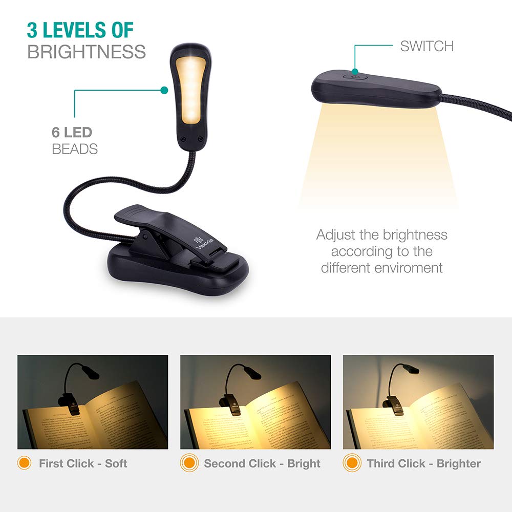 Vekkia Book Light Set with Charger, Clip on Reading Light in Bed with 3 Brightness, Up to 60 Hrs, Rechargeable, Eye-Care Warm LED for Read Before Bed