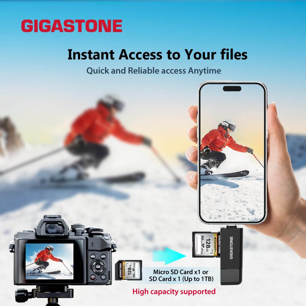 GIGASTONE SD Card Reader, 5-in-1 USB-A/USB-C Card Reader, Dual Slot for SD/Micro SD/SDHC/SDXC, Compatible with Laptop, PC, iPhone16/15, MacBook