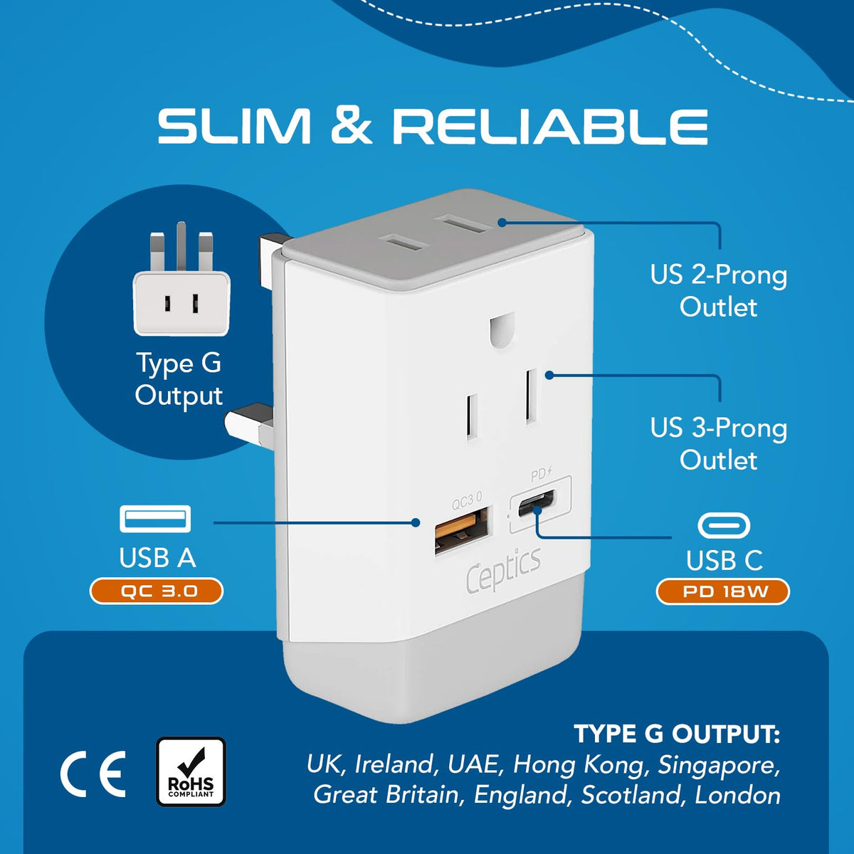 Ceptics UK Ireland Hong Kong Plug Adapter, International Power Plug with USB & USB-C - 2 USA Socket, QC 3.0 & PD - Type G Outlet Adapter for USA to British England Scotland London - Fast Charging