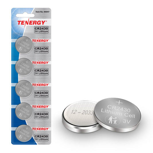 Tenergy CR2430 Battery, 3V Lithium Coin Battery for Car Key Fob, Car Remote, Calculators, Thermometers and More, 5 Count