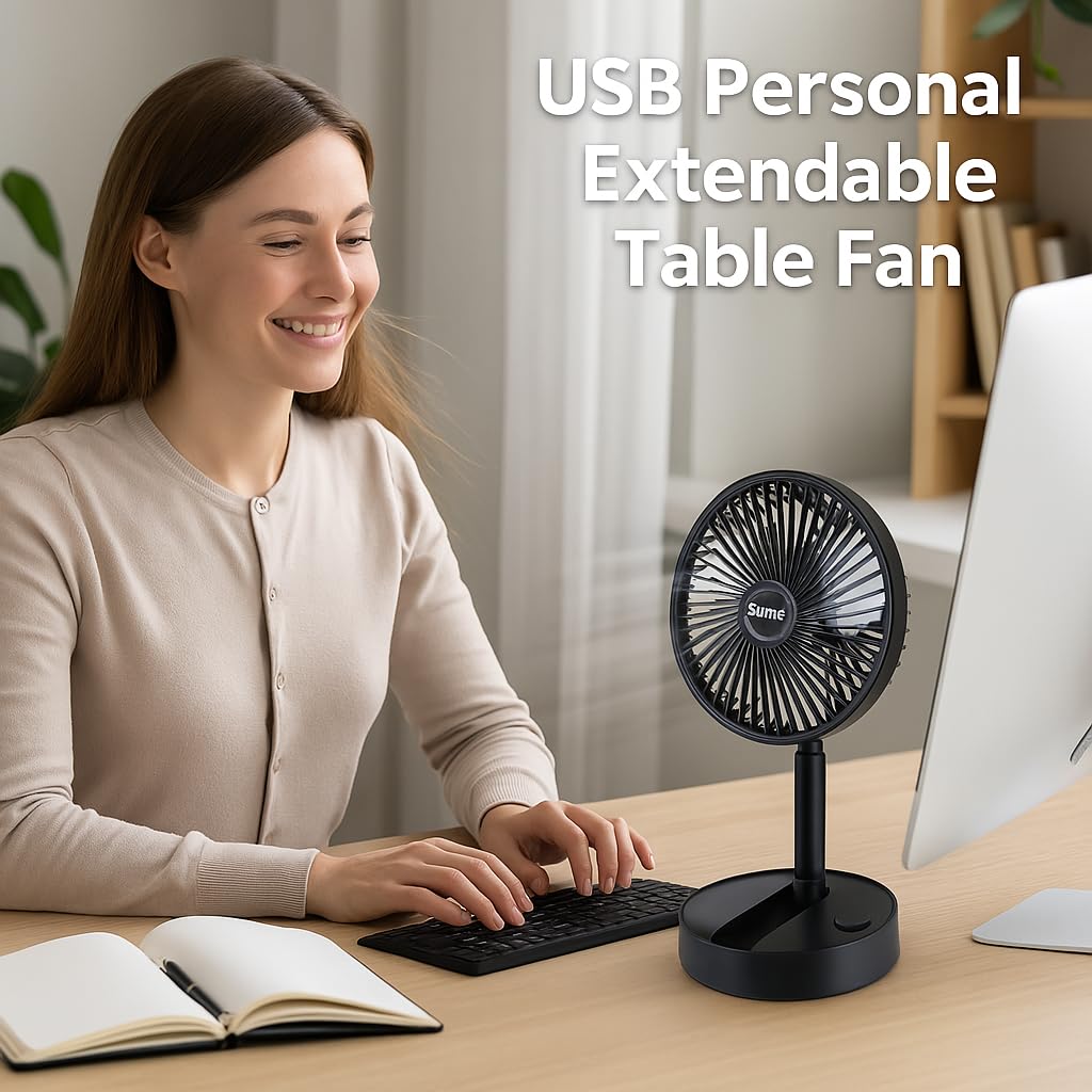 Dependable Industries inc. Essentials Telescopic Folding USB Desk Fan - Adjustable Height 11.5" to 14", Quiet Motor, Compact Table Fan with Phone