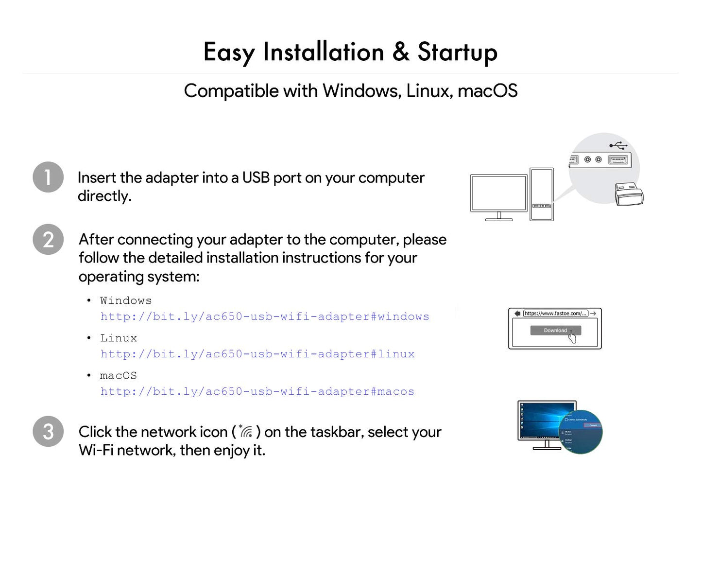 Dual Band USB 2.0 WiFi Adapter 650Mbps with Internal Antenna for Raspberry Pi, Supports Windows, Linux, macOS, Raspbain