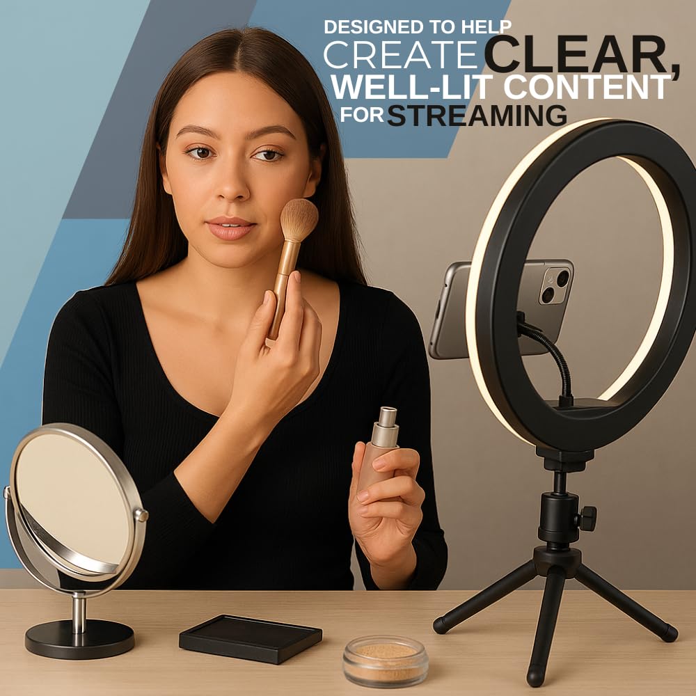 10.2" LED Ring Light for Live Streaming - Adjustable Color Modes, Phone Holder, Desktop Tripod Stand, Beauty Fill Light for TikTok, YouTube, Makeup