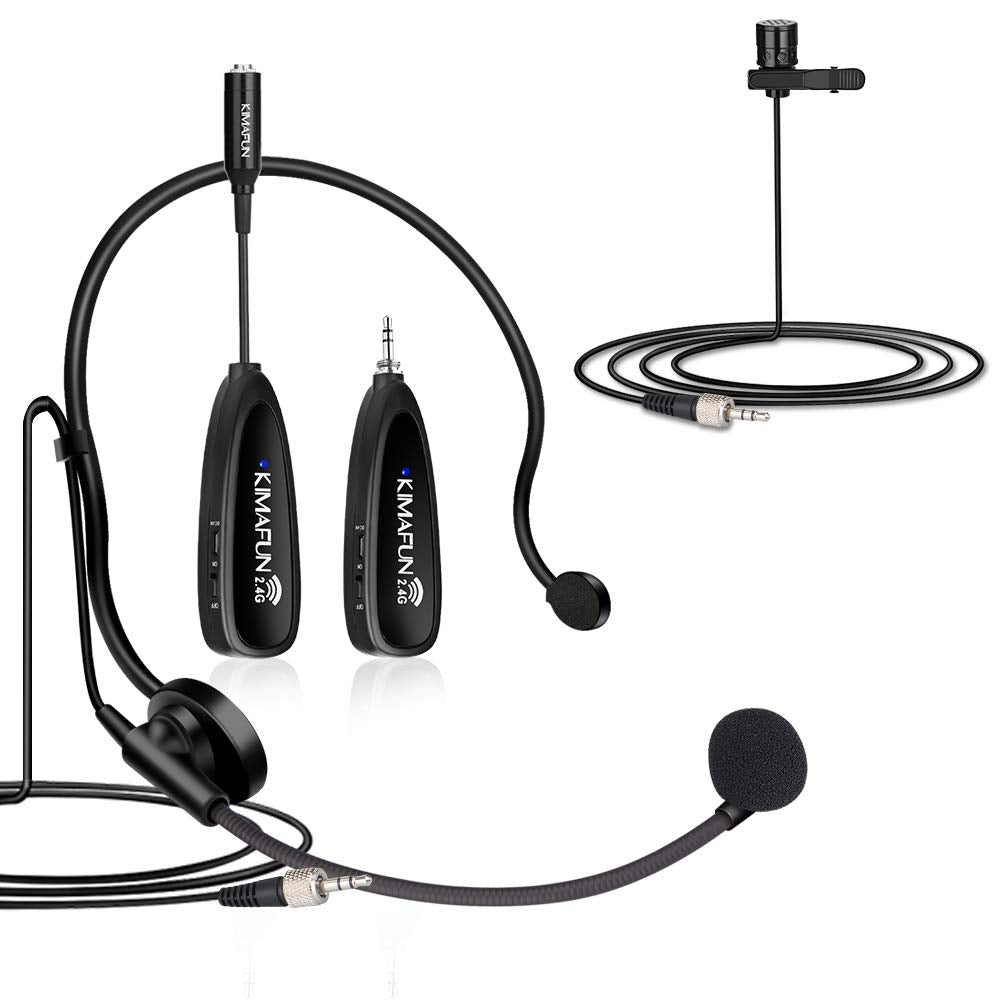KIMAFUN Wireless Microphone System, 2.4G Wireless Headset and Lavalier Lapel Microphones for iPhone, Android Phone, Laptop and Speaker, Designed for