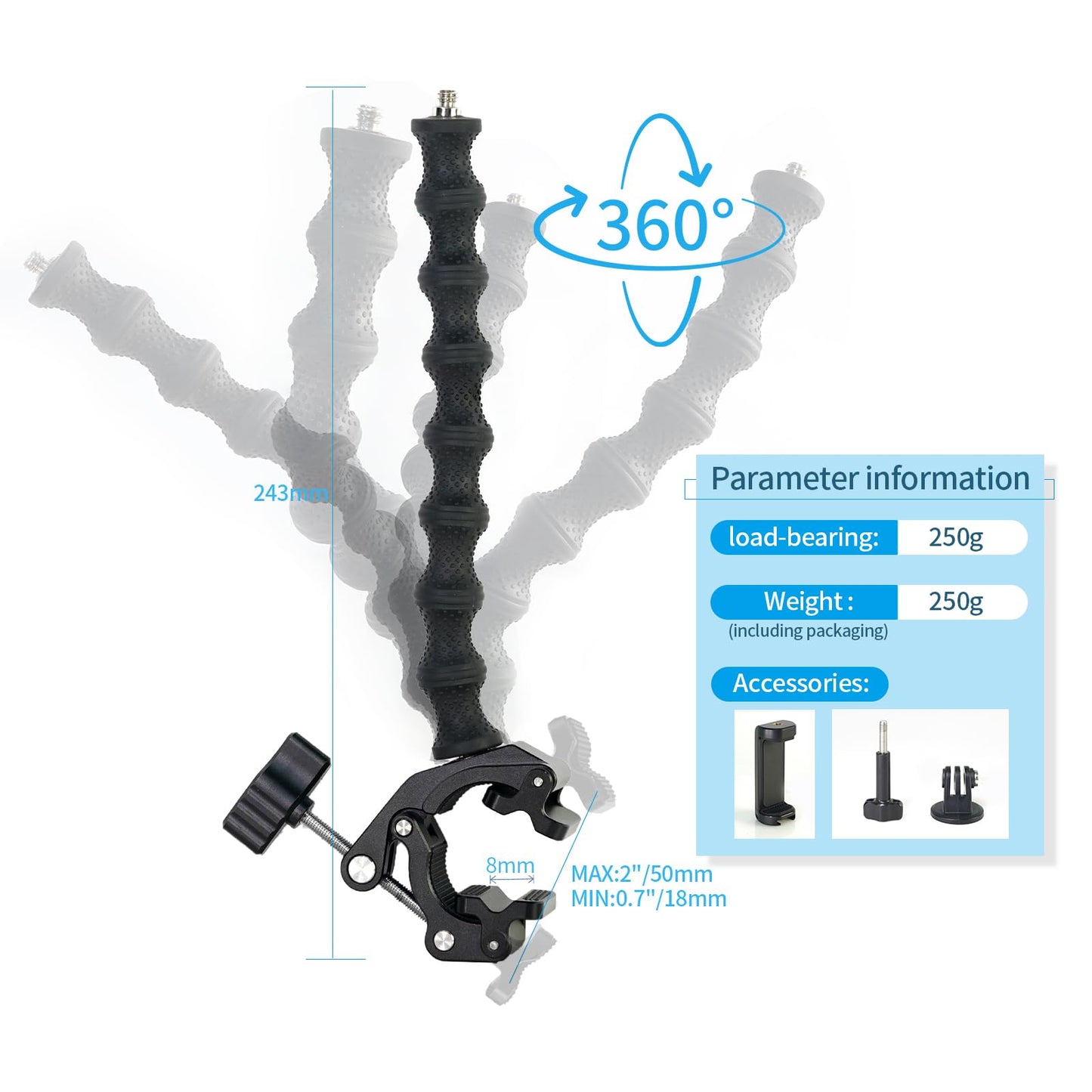 FIFIELD Gooseneck Phone Clamp Mount with Super Clamp - 360° Adjustable Phone Stand Compatible with iPhone 16-6, 360 Action Camera & 0.7-2" Devices