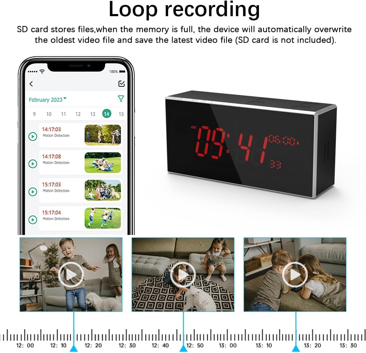 kelucimy Indoor Security Camera with Clock,HD1080P,Motion Detection,Wireless WiFi,Night Vision,160° Wide-Angle View,Phone App,24/7 Surveillance