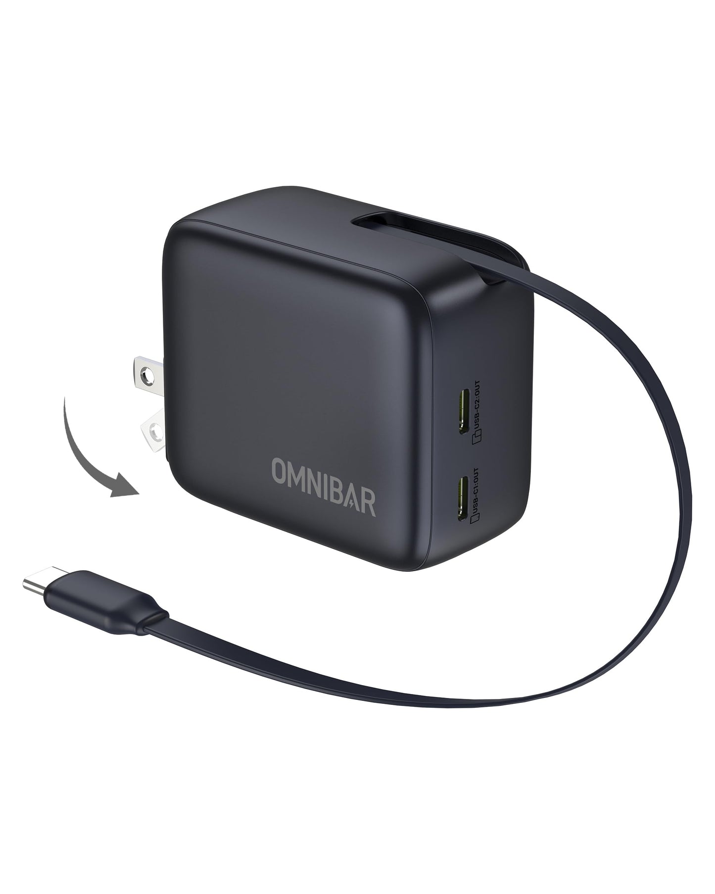 Omnibar USB C Retractable Wall Charger, 67W Max 3 in 1 GaN Fast Charging Block with Foldable Plug, Compact PD PPS USB C Charger Block for iPhone