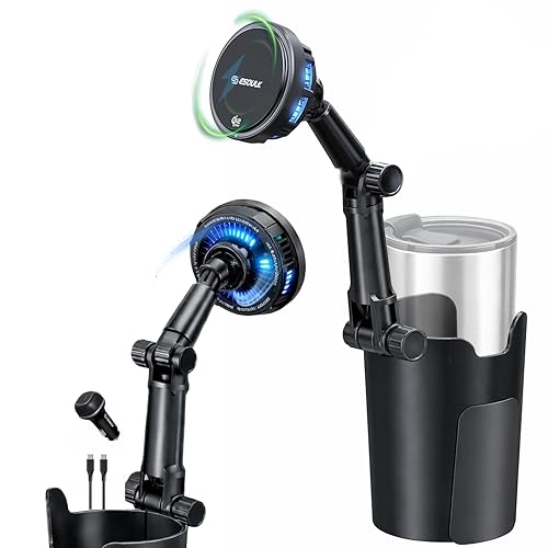 Esoulk [2026 Upgraded] Qi2 25W Fast Wireless Car Charger with Cooling Fan, Cup Holder Phone Mount with Adjustable Long Arm, Magnetic Fast Charging