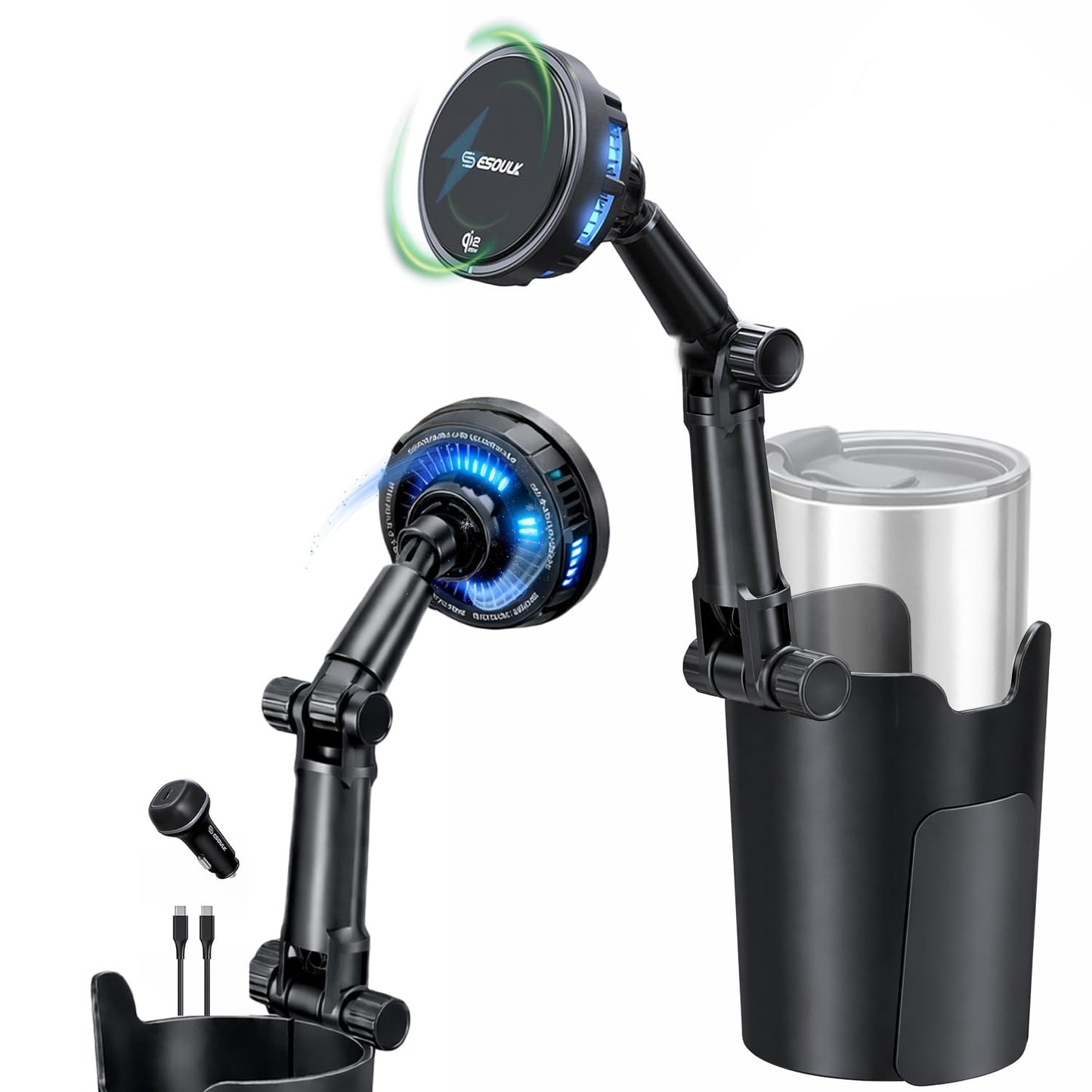 Esoulk [2026 Upgraded] Qi2 25W Fast Wireless Car Charger with Cooling Fan, Cup Holder Phone Mount with Adjustable Long Arm, Magnetic Fast Charging