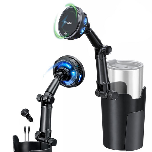 Esoulk [2026 Upgraded] Qi2 25W Fast Wireless Car Charger with Cooling Fan, Cup Holder Phone Mount with Adjustable Long Arm, Magnetic Fast Charging