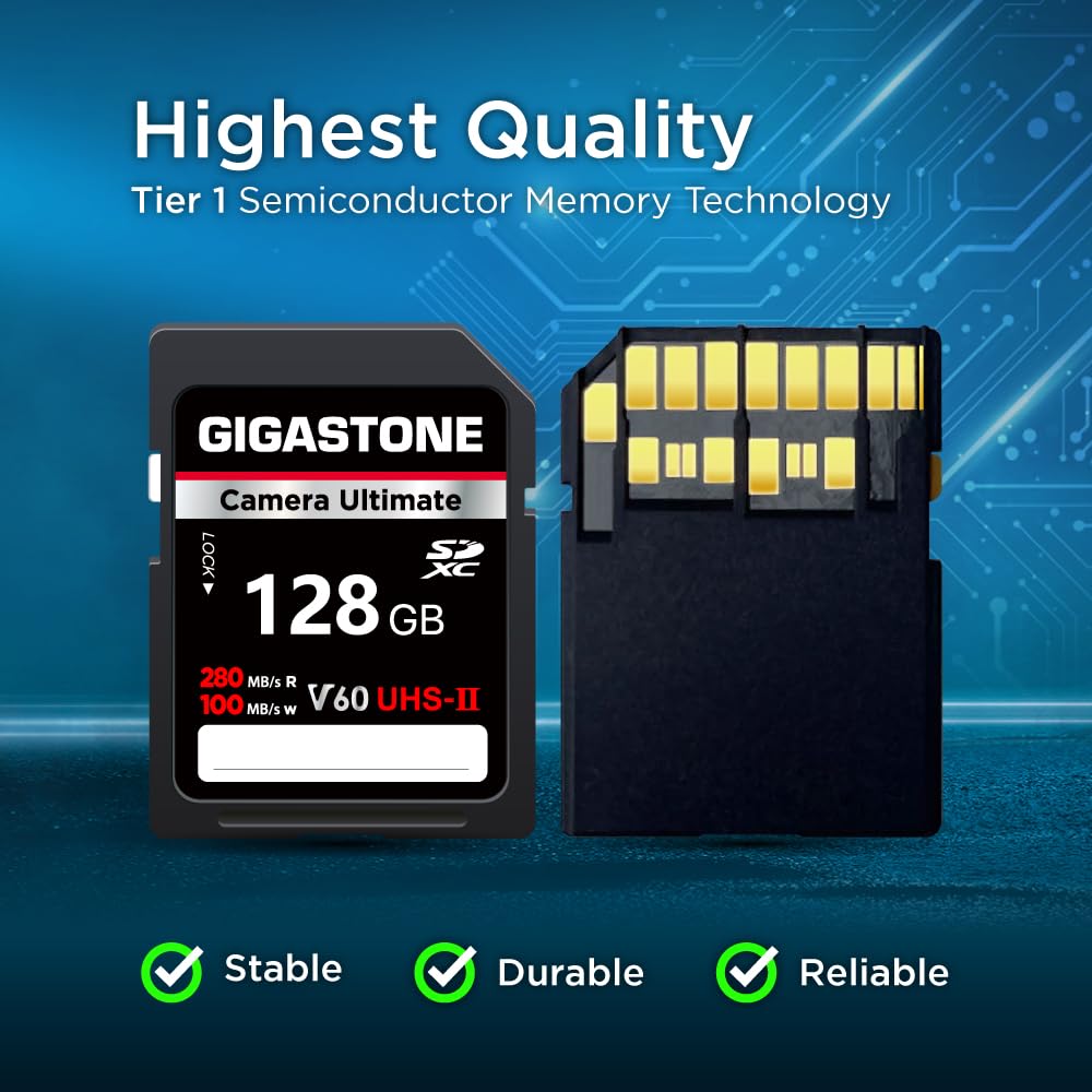 ?5-Years Data Recovery? GIGASTONE 128GB SD Card UHS-II V60 U3 SDXC Memory Card High Speed, Read up to 280MB/s, Compatible with Canon Kodak Olympus