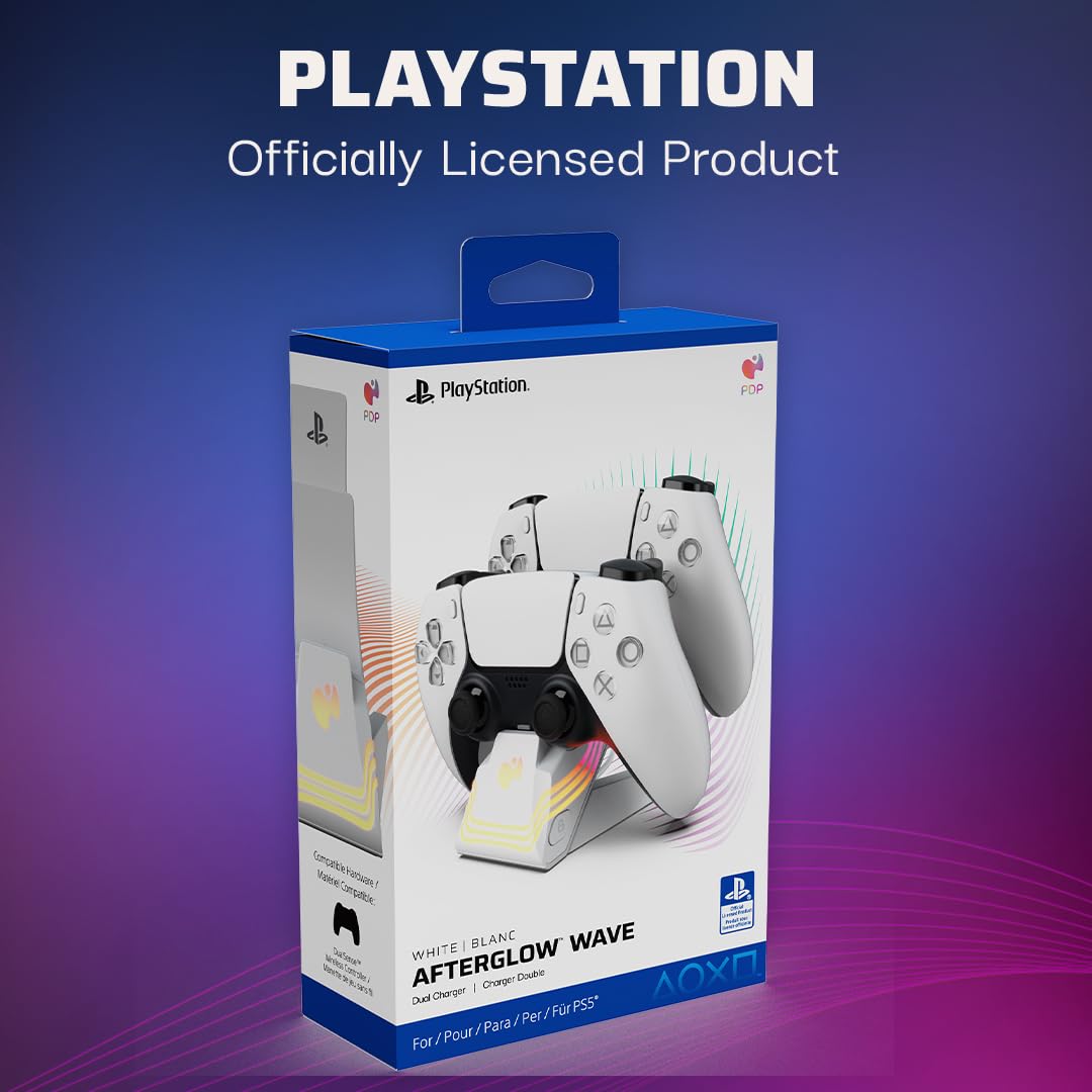 PDP Afterglow Wave LED Dual Gaming Charger for 2 PlayStation 5 DualSense Controllers, Compatible with PS5 and PS4, Customizable RGB Lighting Effects