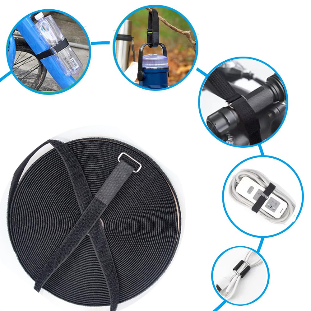 Amsthow 39ft Black Hook and Loop Straps With 50Pcs Metal Buckles 1 inch Wide Cinch Straps Nylon Long Adjustable Management Cords Organized Cable Ties