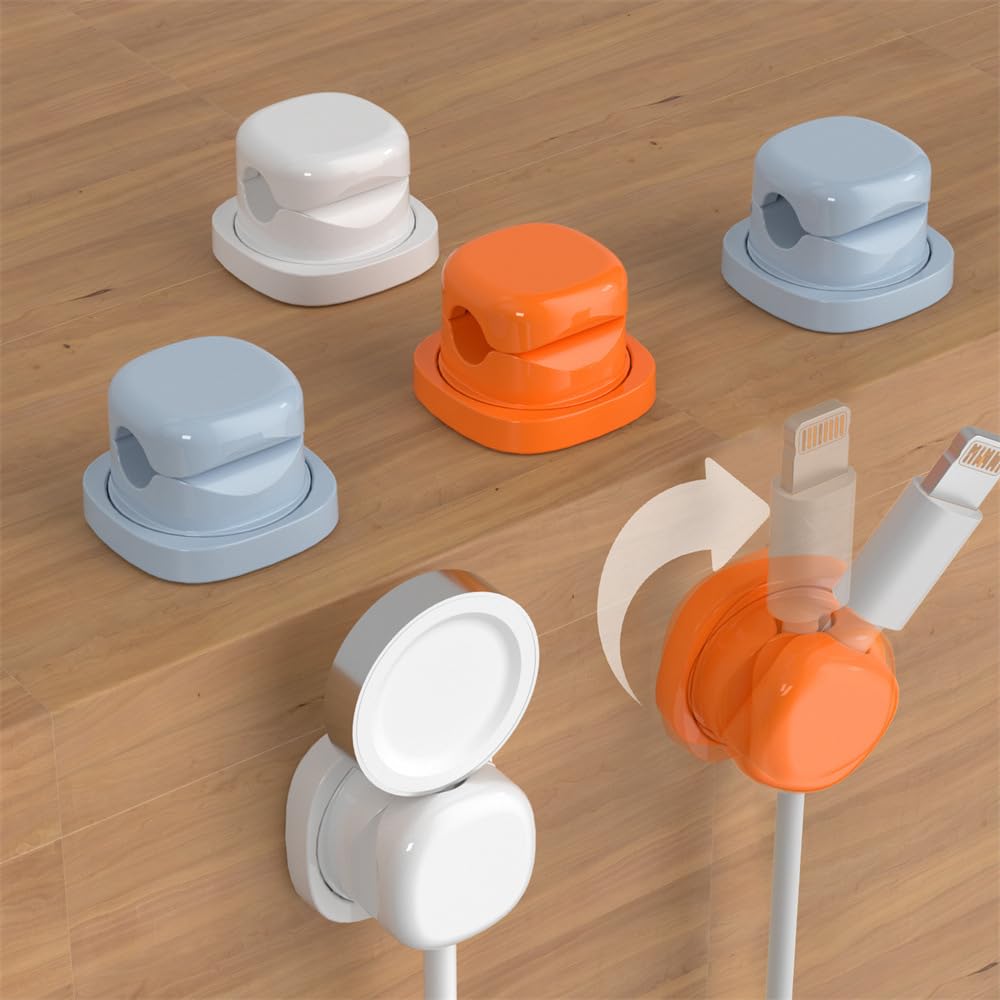 6 Pack [1s Lock] Spring Cord Holder Clips,Upgraded 360° Rotatable Cord Organizer, Strong Cable Holder, Adhesive Wire Keeper, Phone Cord Holder