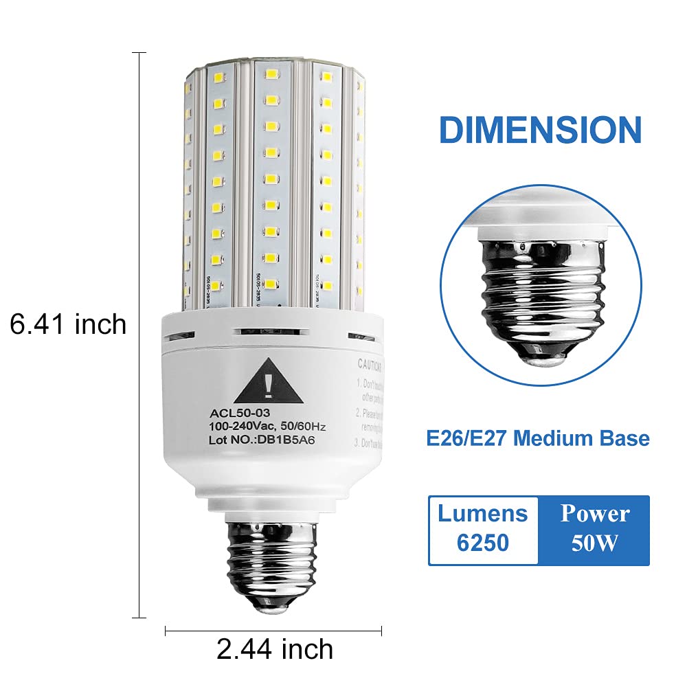 ZP 2-Pack Led Light Bulb 400W Equivalent 6250 Lumen 5000k Cool Daylight White E26/E27 Medium Base 50W Led Corn Light for Outdoor Indoor Lamp Area