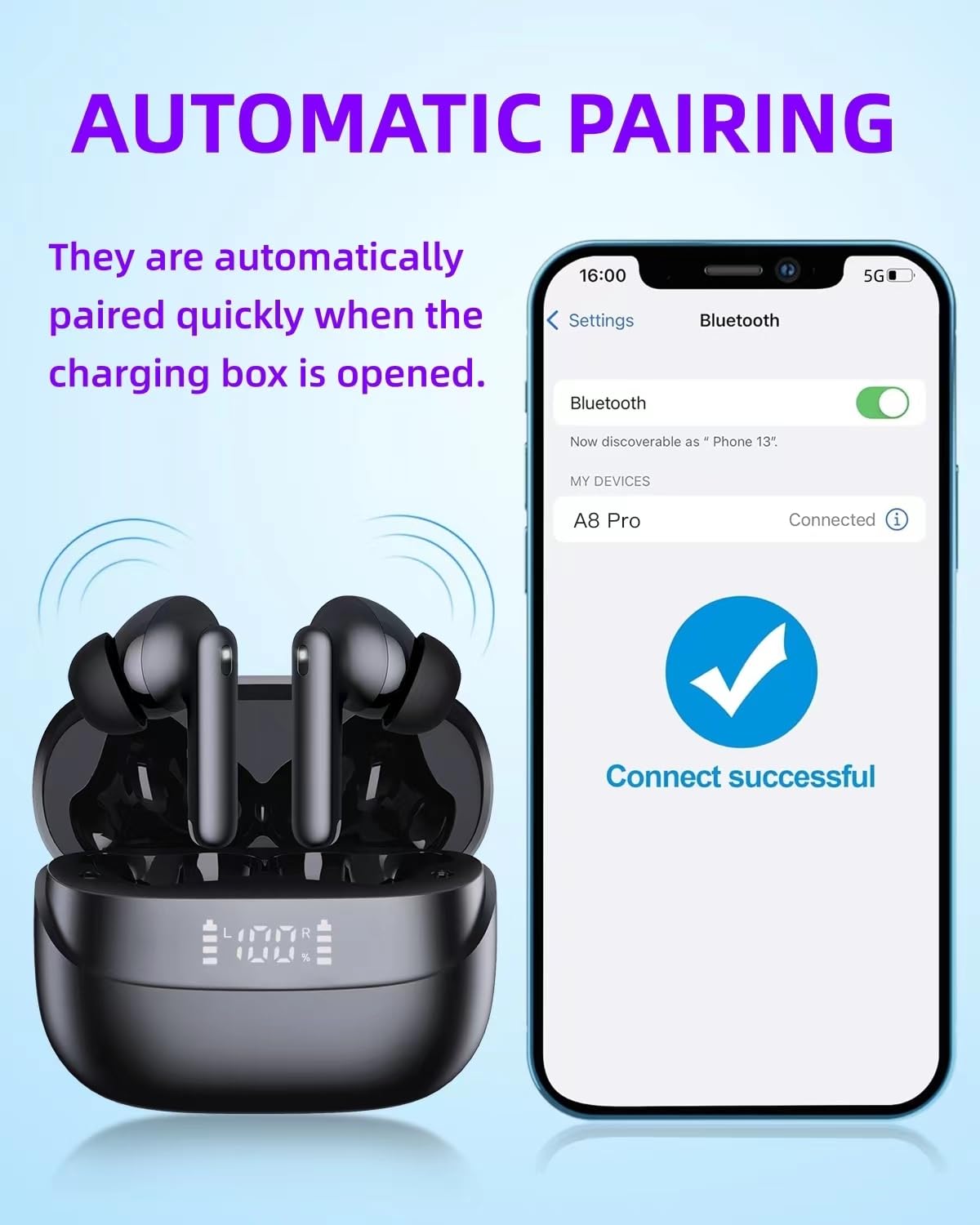 AIMUZIKEER Wireless Earbuds A8 PRO Bluetooth Earbud & in-Ear Headphones Deep Bass Clear Call, IPX7 Waterproof Ear Buds Wireless Earphones, 36Hrs