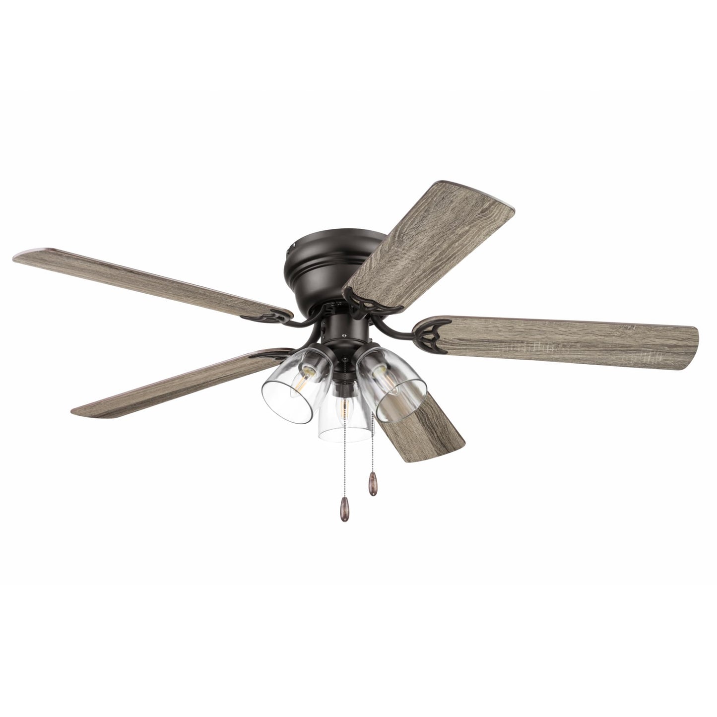 Portage Bay Ceiling Fans 52" Renton Bronze Indoor Fan with Clear 3 Light LED Multi Arm; E26/B11 Bulb and Pull-Chains, Traditional Style, 5 Reversible