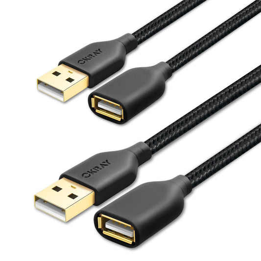 USB Extension Cable, 2-Pack OKRAY 6FT Nylon Braided USB 2.0 Extension Cable Type A Male to Female Cable Extender Cord with Gold-Plated Connector