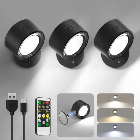 Lightbiz LED Wall Mounted Lights 3 Pcs with Remote, Wall Sconces Lamp 3000mAh Rechargeable Battery Operated, 3 Color Temperatures & Dimmable Magnetic