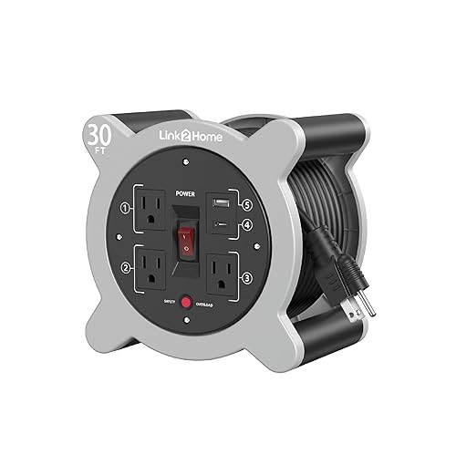 Link2Home Cord Reel 30 ft. Extension Cord 3 Power Outlets, 2 USB Ports A/C, 2.4A Fast Charge - 16 AWG SJT Cable.