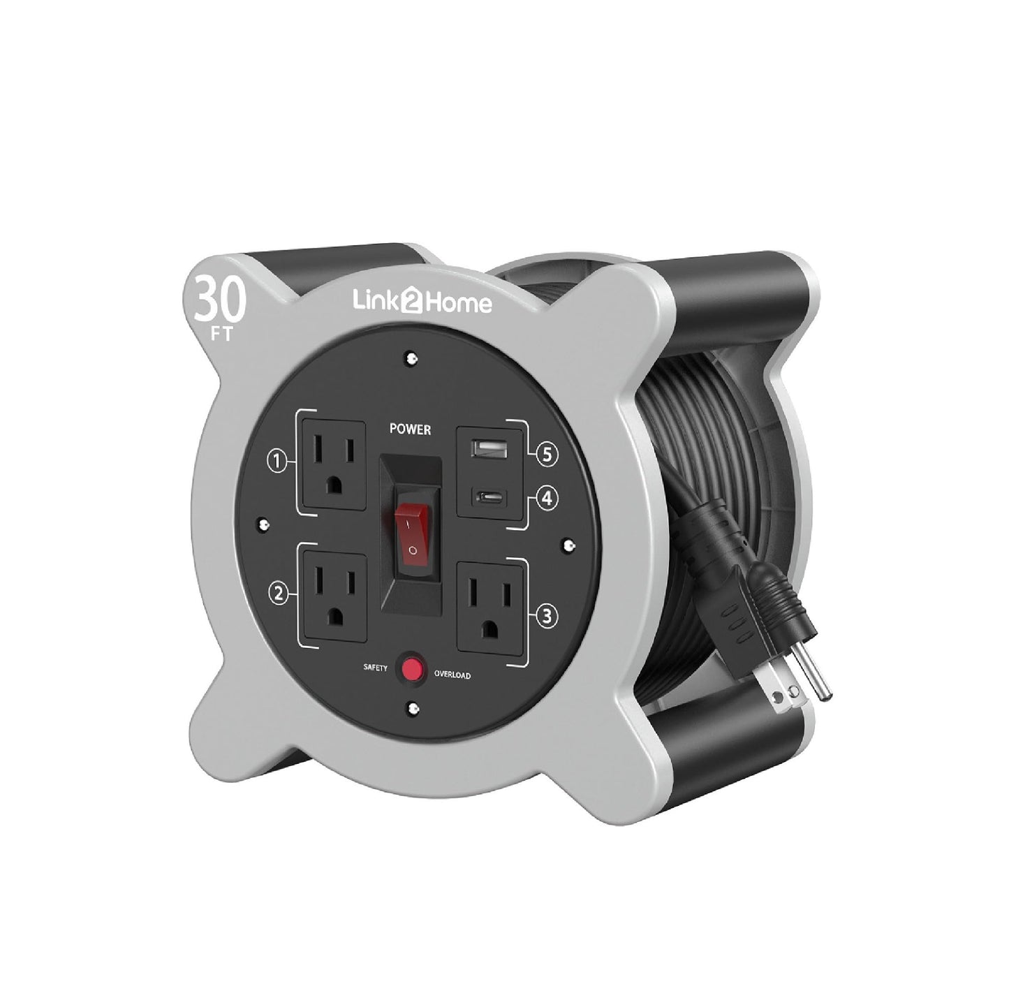 Link2Home Cord Reel 30 ft. Extension Cord 3 Power Outlets, 2 USB Ports A/C, 2.4A Fast Charge - 16 AWG SJT Cable.
