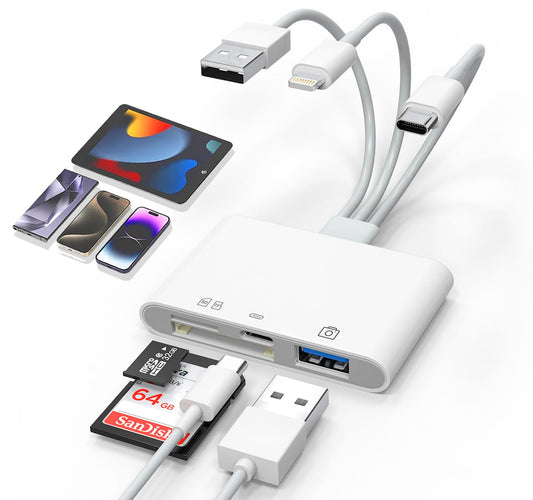 Universal SD Card Reader for iPhone/Mac - Upgraded TypeC(Data)+Lightning+USB Three Port SD/TF Memory Card Reader Digital Camera Transfer to Phone