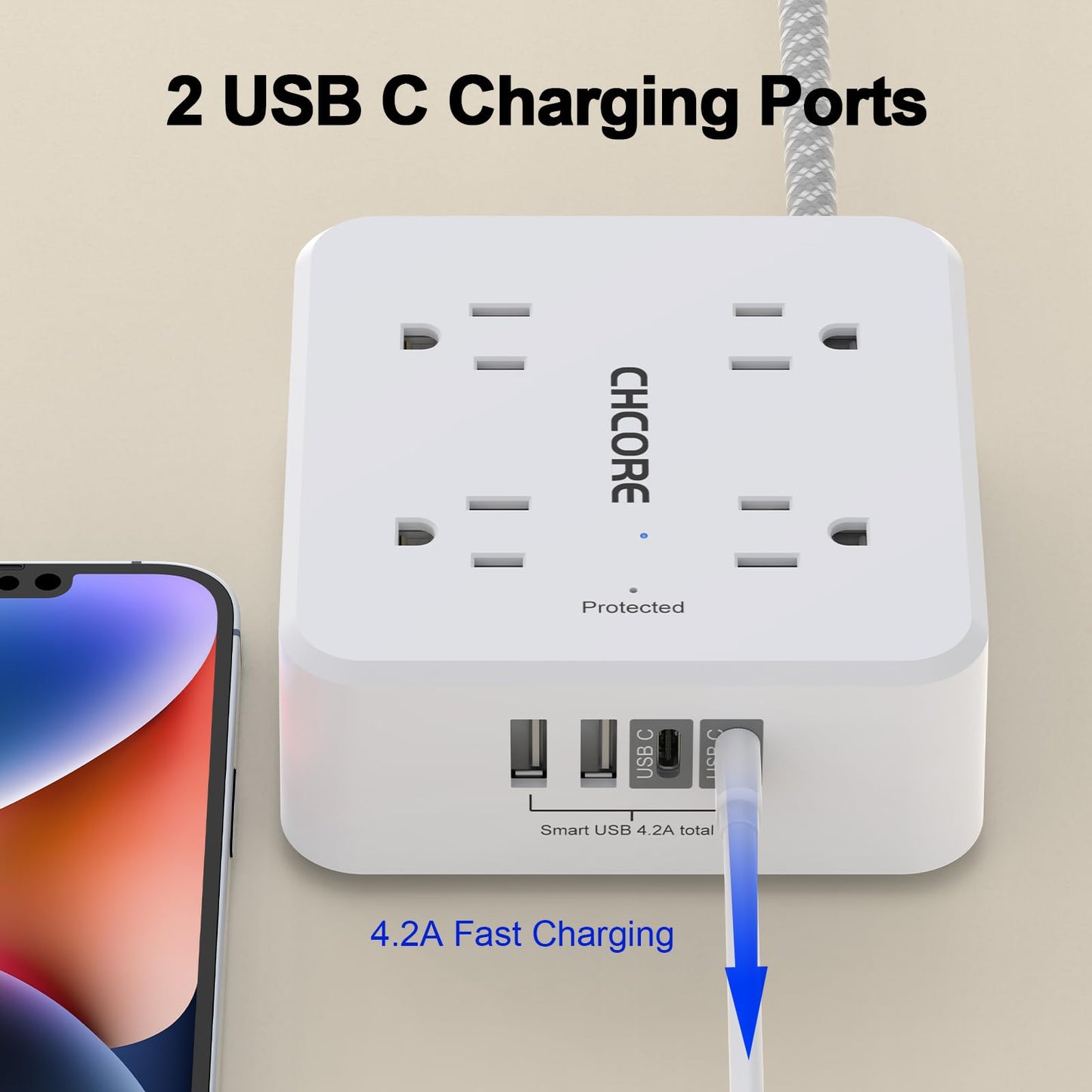 Surge Protector Power Strip - CHCORE 5Ft Braided Extension Cord with 8 Outlets with 4 USB (2 USB C) Charging Ports, Flat Plug Multi Plug Outlet