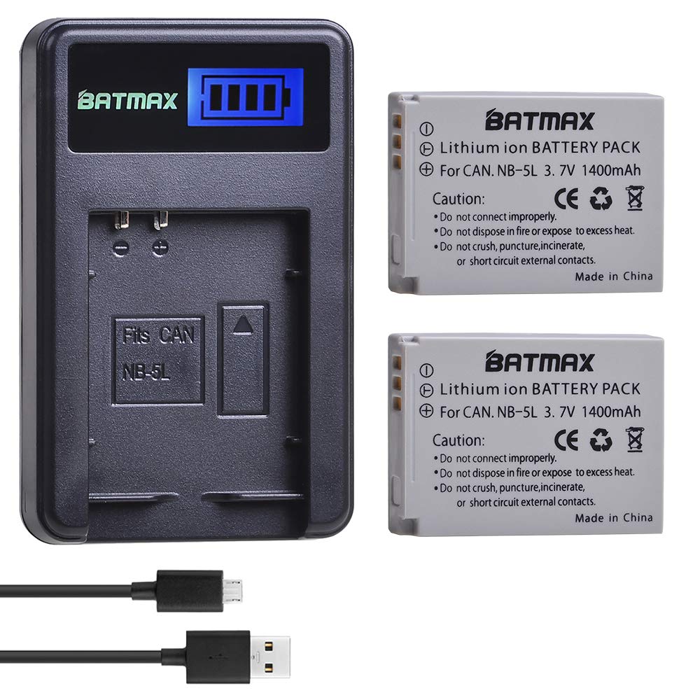 Batmax 2Pcs 1400mAh NB-5L NB5L Battery + LCD USB Charger for Canon PowerShot S100, S110, SD790IS, SD850IS, SD870IS, SD880IS, SD890IS, SD970IS