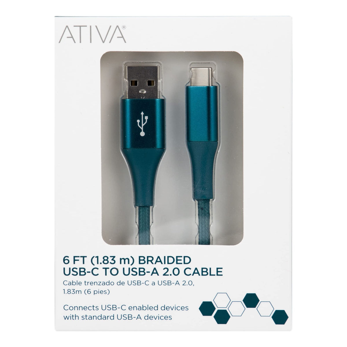 ATIVA® USB Type-C To USB Type-A Cable, 6', Emerald, 45398
