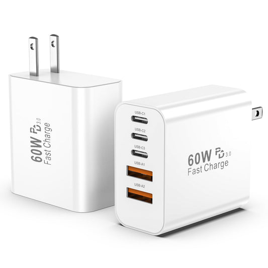 USB C Fast Charger Block,2Pack 60W 5-Port Multiport Charging Block,2 USB A & 3 USB C PD3.0 Power Adapter Charging Plug for iPhone 16/15/14/13/iPad