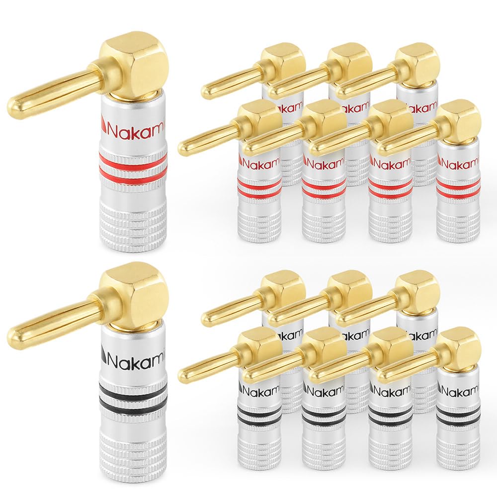 Nakamichi Excel Series 24k Gold Plated Right Angle Banana Plug 12-18 AWG Gauge Size 4mm for Speakers Amplifier Hi-Fi AV Stereo Home Theatre Audio Wire