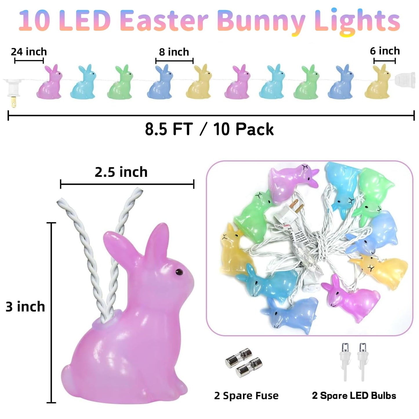 8.5FT Easter Decorations Bunny Lights, 10Pcs LED Pastel Easter Bunny Lights Plug in, Easters Light String for Spring Themed Party Garden Patio Easters